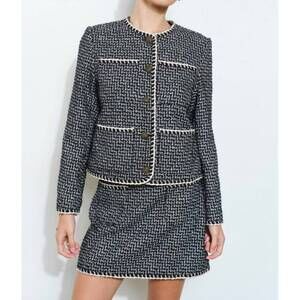 NEW INA FASHION boucle tweed braid trim jacket in white/black
